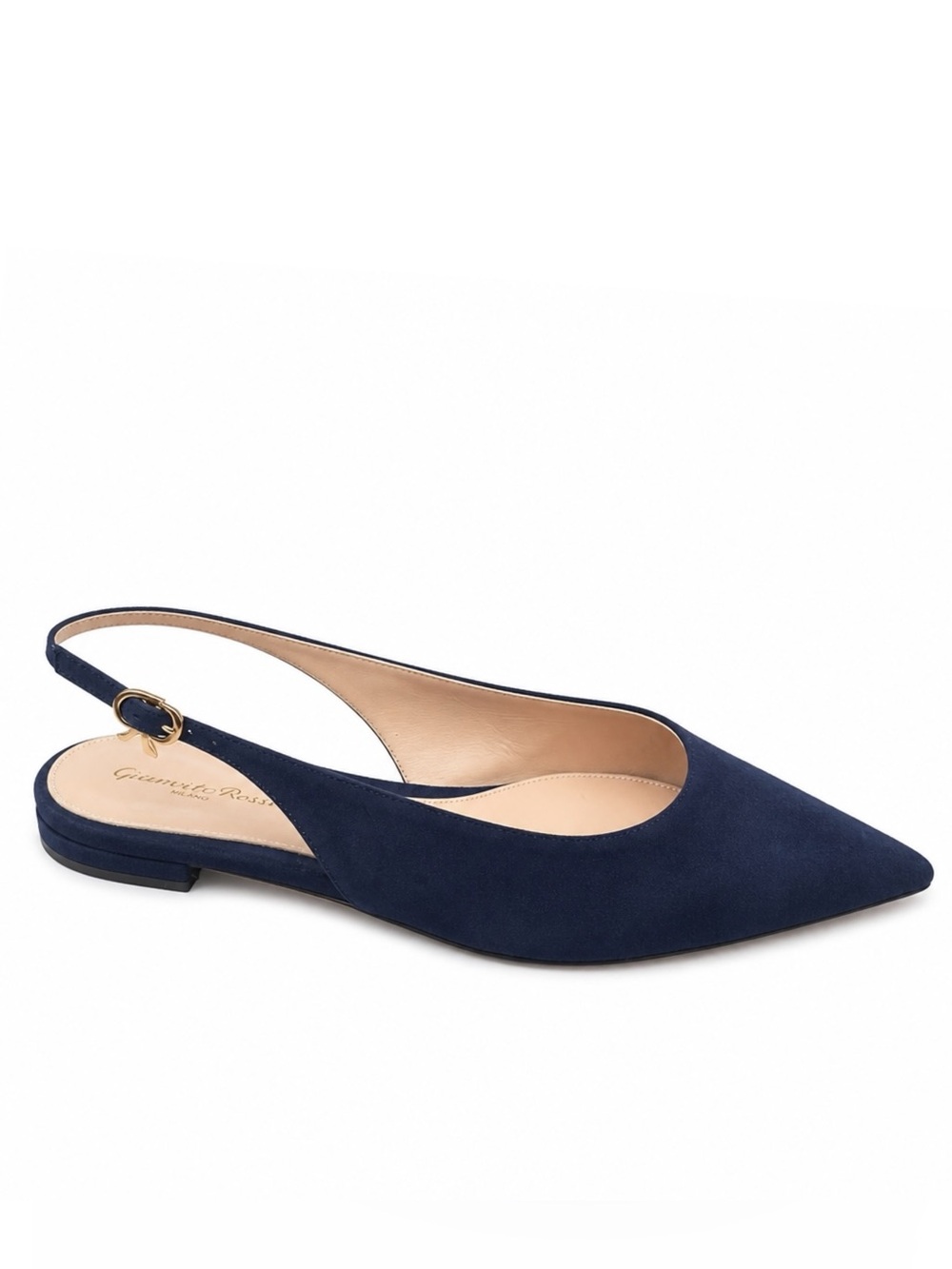 GIANVITO ROSSI Robbie Navy Suede Pointed Toe Slingback Flats